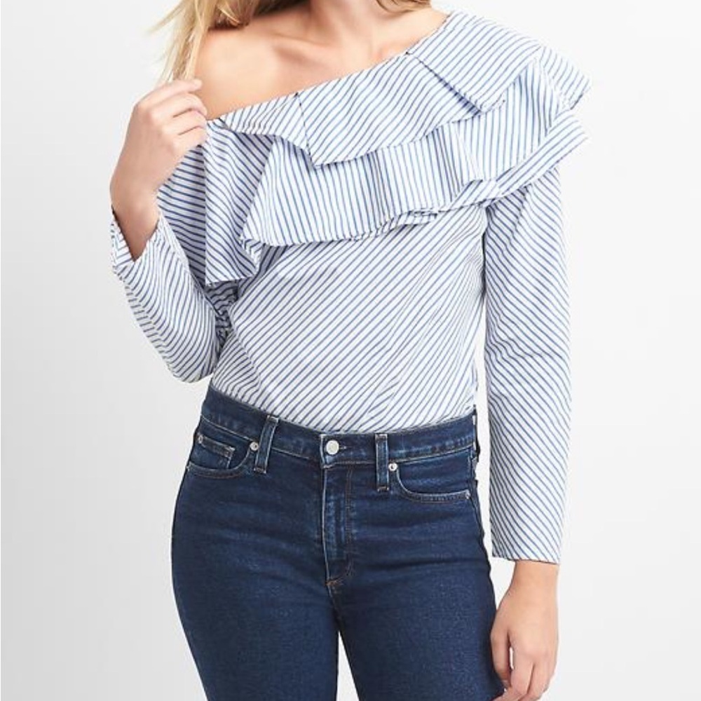 GAP Asymmetrical Ruffled Blue and White Blouse